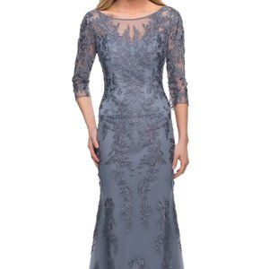 La Femme Slate Blue Lace Applique and Illusion Top Tulle Gown